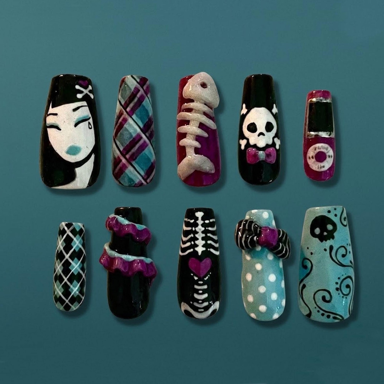Custom Handmade Emo Gothic Skull Fishbone Cartoon Girl Square Press on Nails