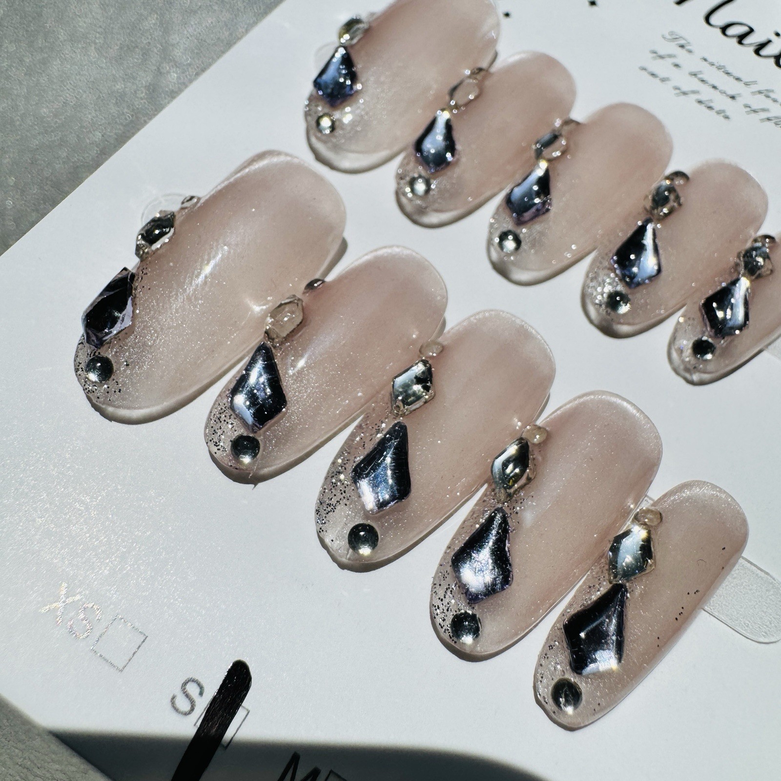 Press-On Nails Square Medium Pink/Black/Silver Shimmer Rhinestone Full Cover