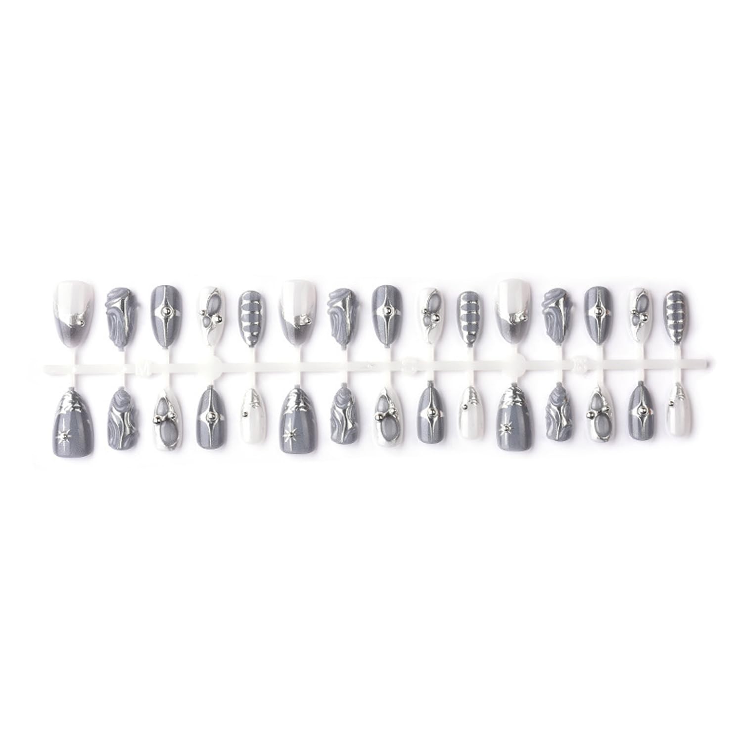 30Pcs Silver French Tip Press on Nails Medium Almond Fake Colorful -12