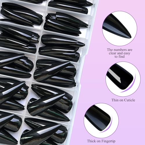 144pc Black Stiletto Fake Nails, Long Pointy Acrylic Nails for Women Girls