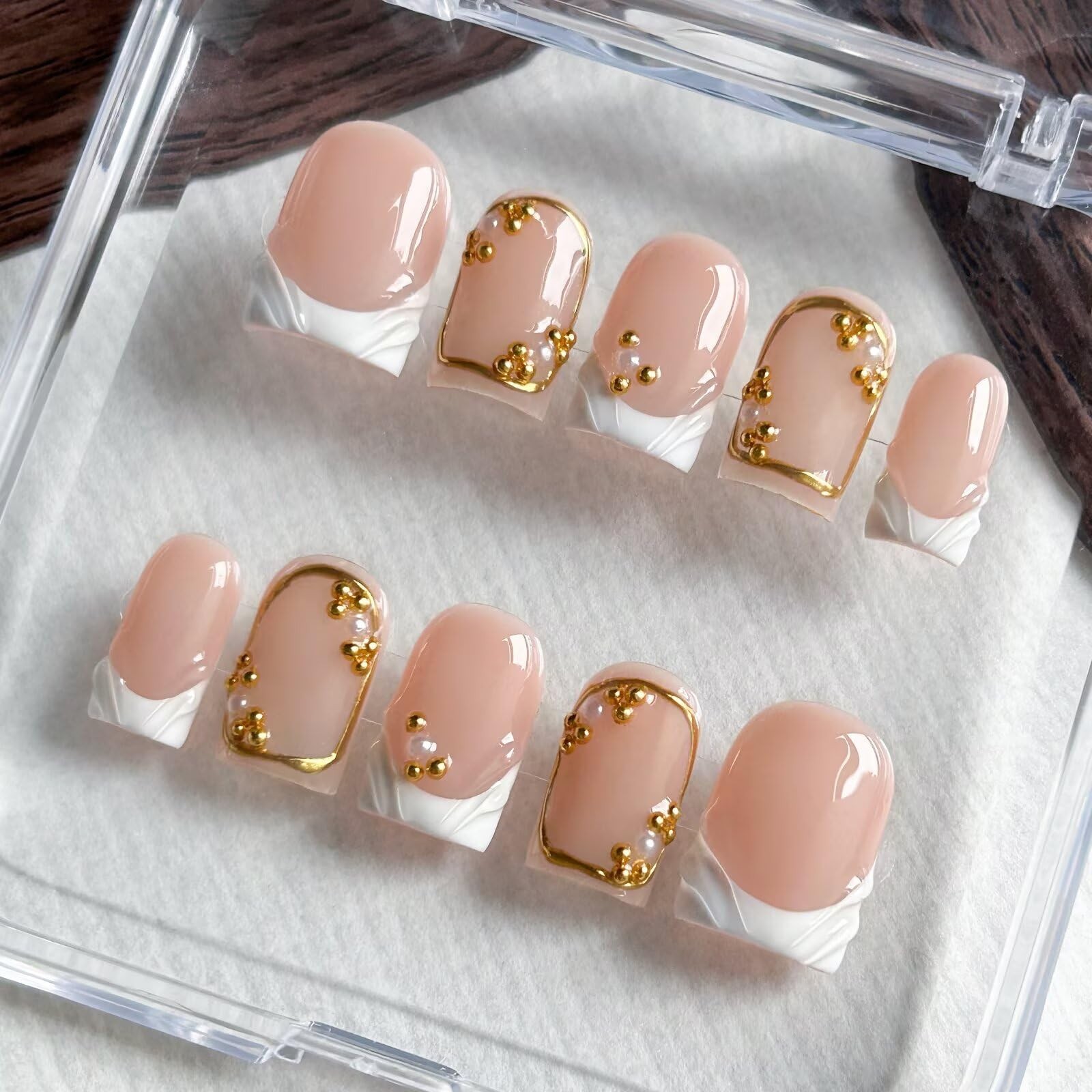 3D Handmade Press-On Nails, Short Square Nude Pink & White French, 10 Pcs, Reusa