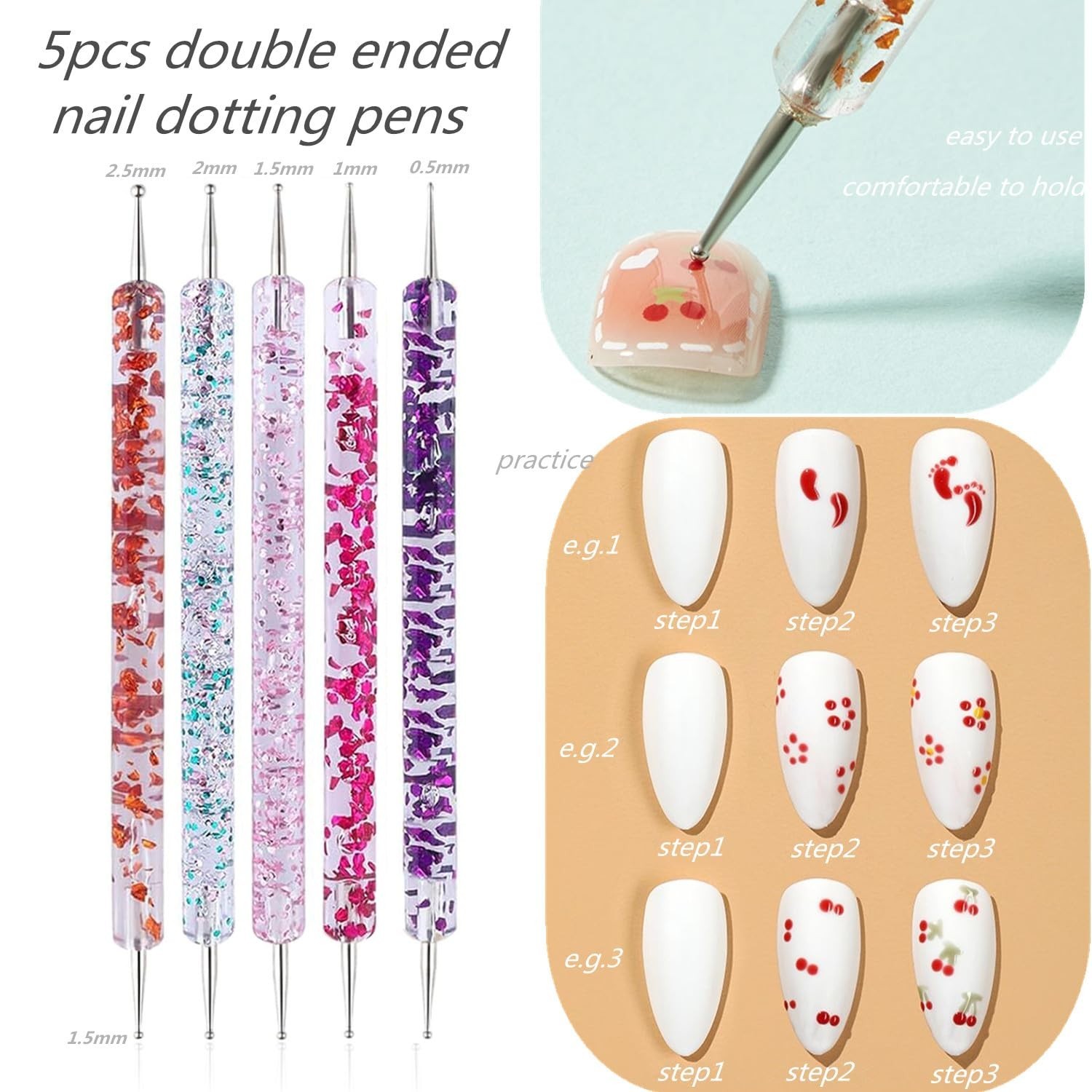 Nail Dotting Tools 10 Pc Kit – 5 Double-End Dotting Tools & 5 Nail Art Brushes