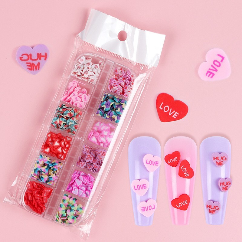 12 Grids Nail Art Mixed Heart LOVE Slices Polymer Clay Flakes DIY Nails Decora