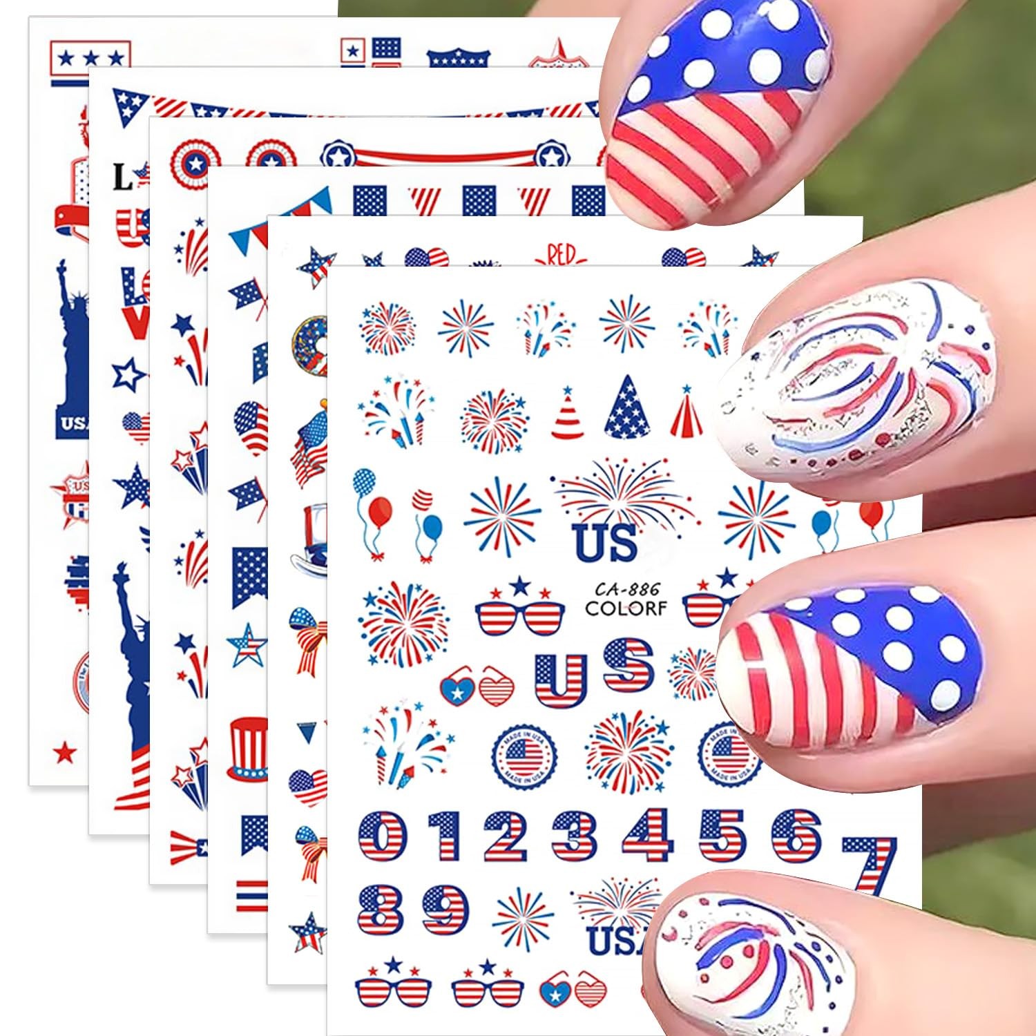 6 Sheets 4th of July Nail Stickers 3D -Adhesive Bow Star Fireworks Nail Decal…