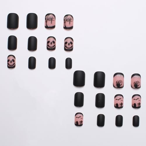 24pc Halloween Press On Nails Square Matte Acrylic Skull Bat French Tip Full Cov
