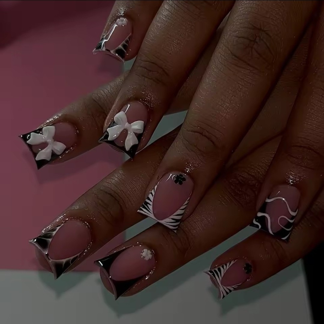 Pink Black White Square Press-On Nails Medium 3D Bow Pre-Designed 24pcs