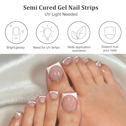 34 Pcs Semi Cured Gel Toe Nail Strips White French Tip Gel 18-white French Tip