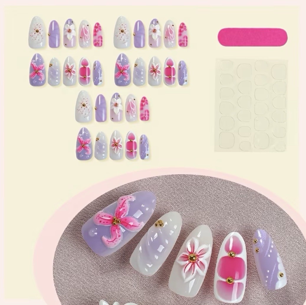 Pink Purple 3D Flower Almond Medium Acrylic Press-On Nails Set Self-Adhesive