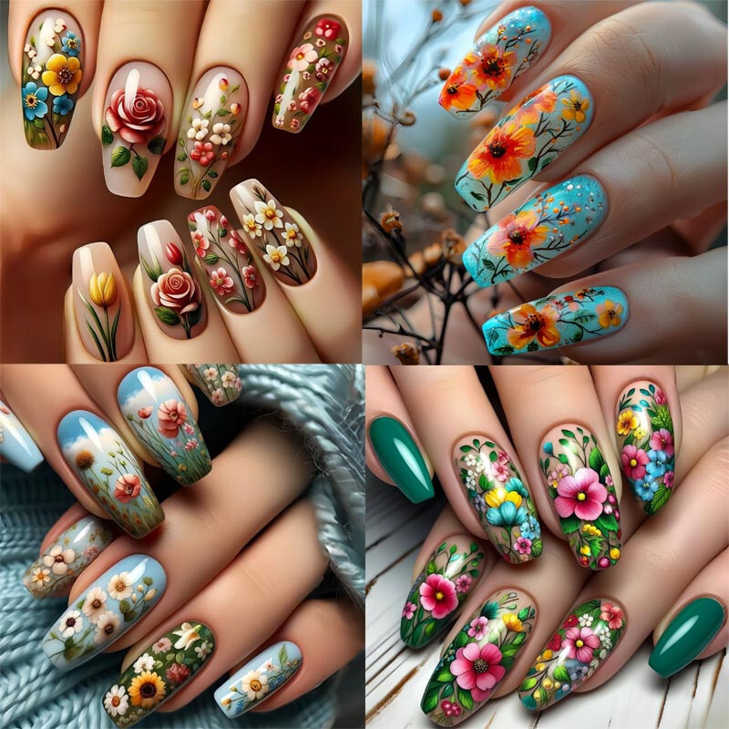 4 set （24Pcs/set ）Flowers False Nail Art Full Cover Artificial Fake Nails