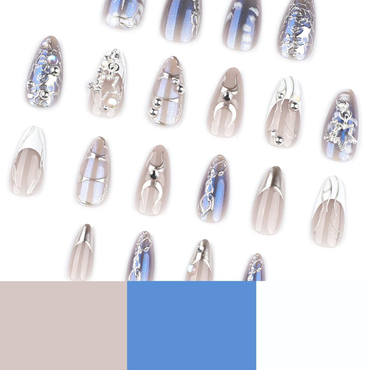 Silver Chrome Press on Nails Medium Almond Fake Blue Style-A, Style-11