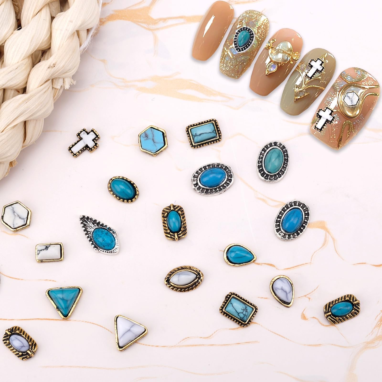 50pcs Turquoise Nail Charms, 3D Hollow Out Vintage Pendants DIY Western Art B…
