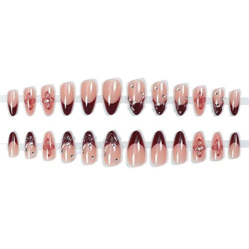 Almond Press on Nails Medium Fake Nail Burgundy 3D French Tip Glue ons 7113Red