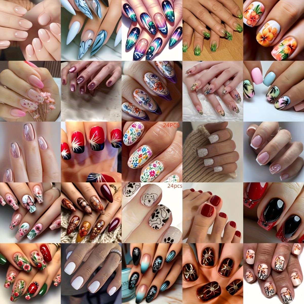 96pcs (4sets) Random Press On Nails Stylish Almond Shape Mixed Color Glossy