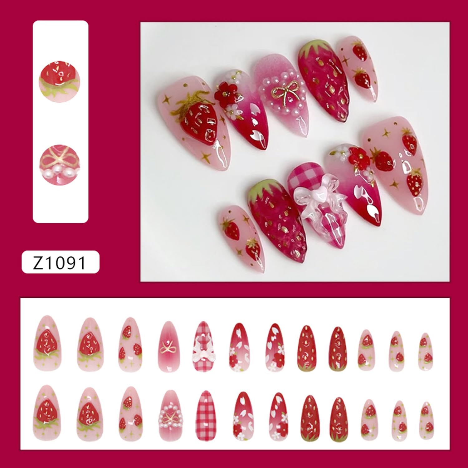 24Pcs Strawberry Flower Press on Nails Almond, Moderate Thickness, Colorful