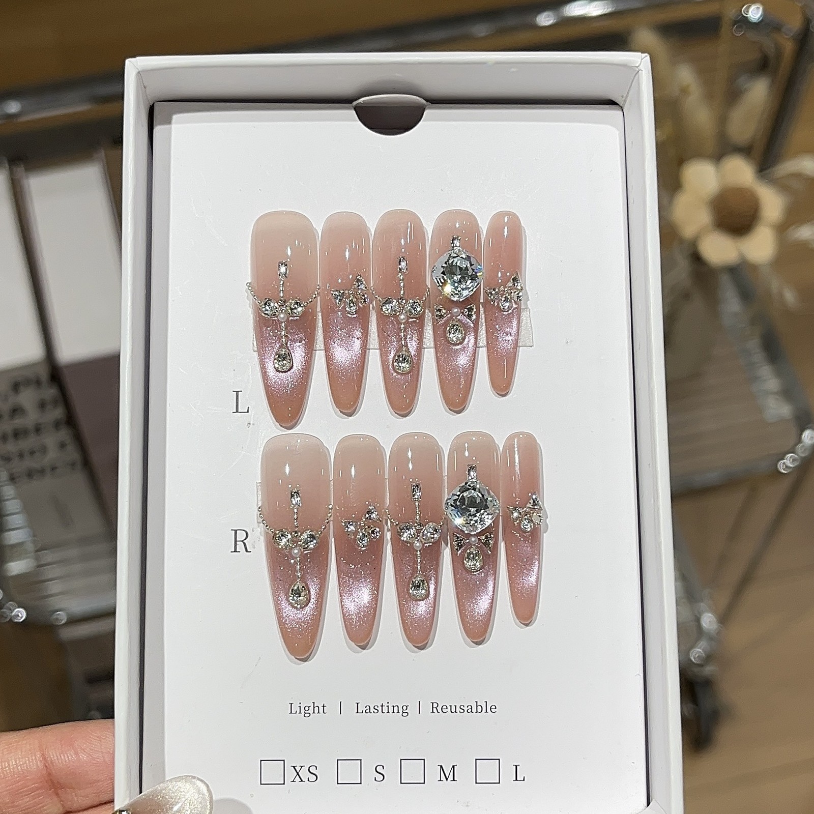 10Pcs Handmade Pink Cat Eye Long Pointed Nails French Pearl Rhinestone Design