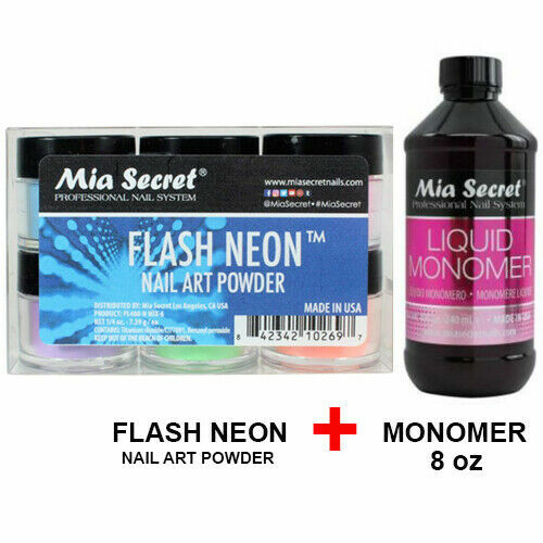 New Mia Secret Monomer 8 Ounce + FLASH NEON Nail Art Powder 6 Colors Collection