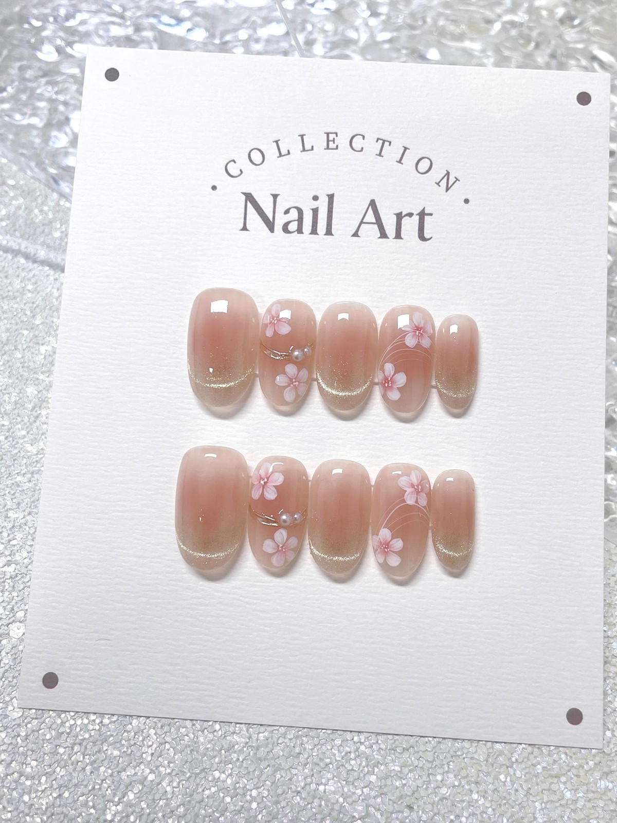 Handmade Pink Floral Gold Glitter Pearl Medium Round Press on Nails Set