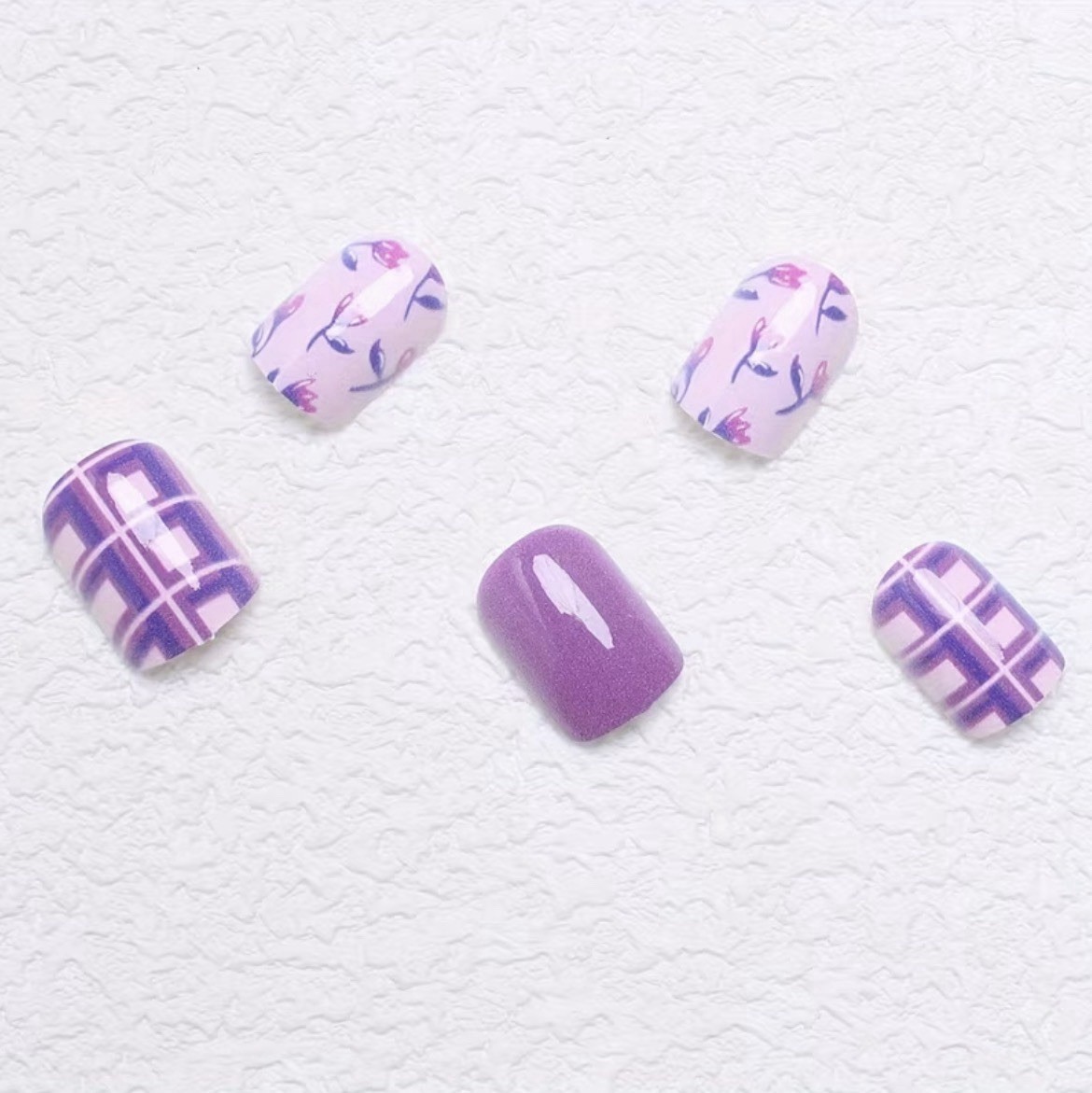 Beautiful Nail Purple Square Short Press-On Nails Floral Plaid Theme Glue