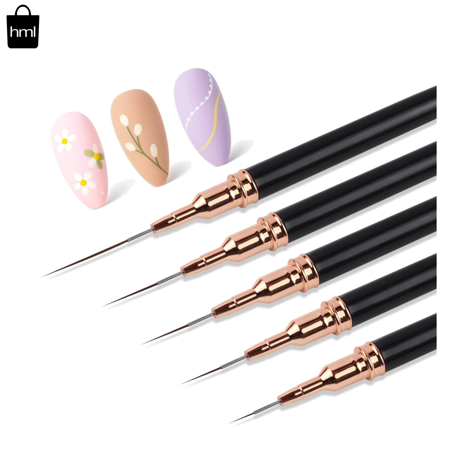 Artdone 5PCS Metallic Nail Art Liner Brushes Set, Black Fine Detail UV Gel