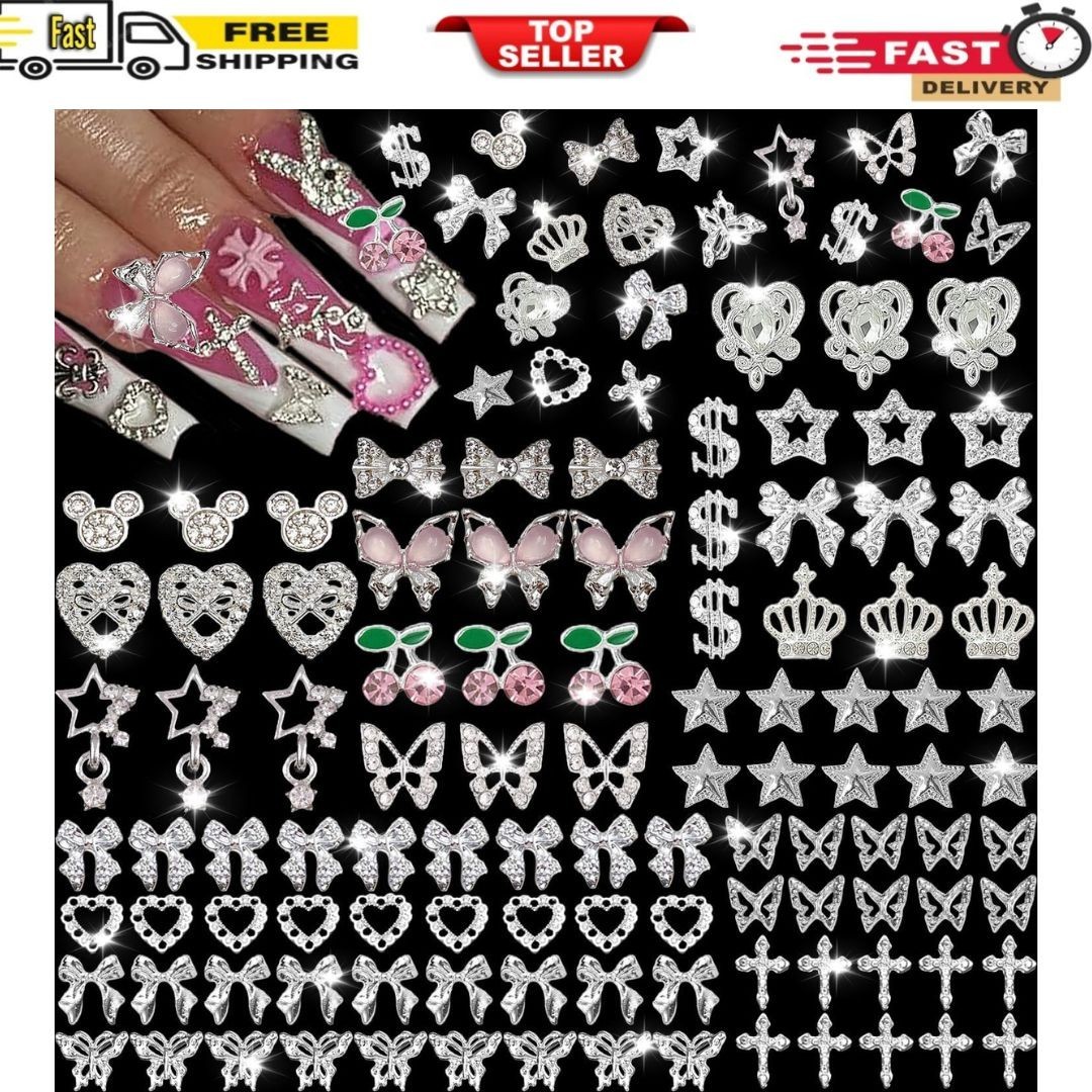 106 Pcs Nail Charms and Gems Silver Nail Charms Nail Rhinestones for Nails Desig