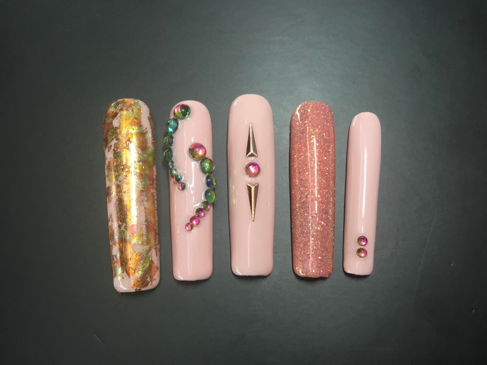 Peach-Pink Gemmed Long Square No Curve Press-On Nails, Medium – Handmade