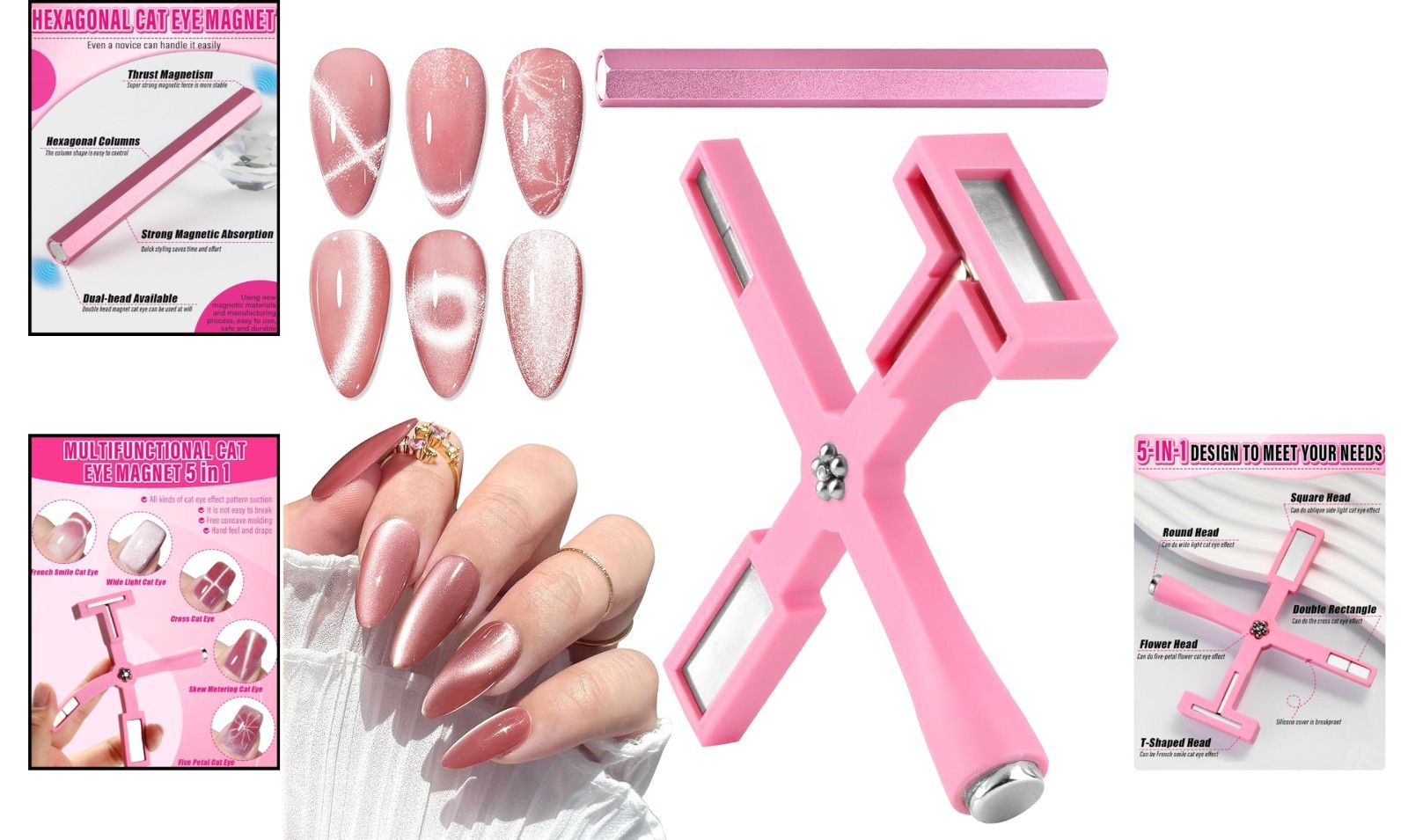 Professional 5-in-1 Cat Eye Magnetic Nail Art Tool – Lightweight & Stylish Pink