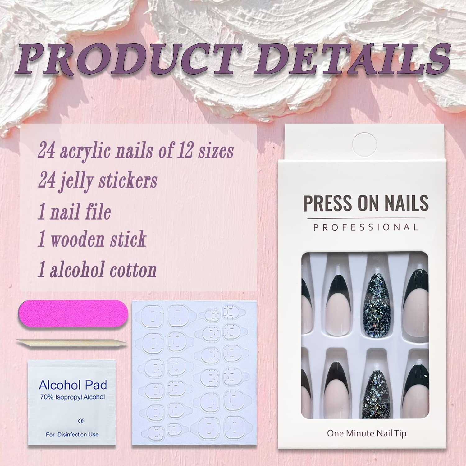 Press on Nails Medium Almond French Tip Fake Nails Dark Green Glitter Full Co…