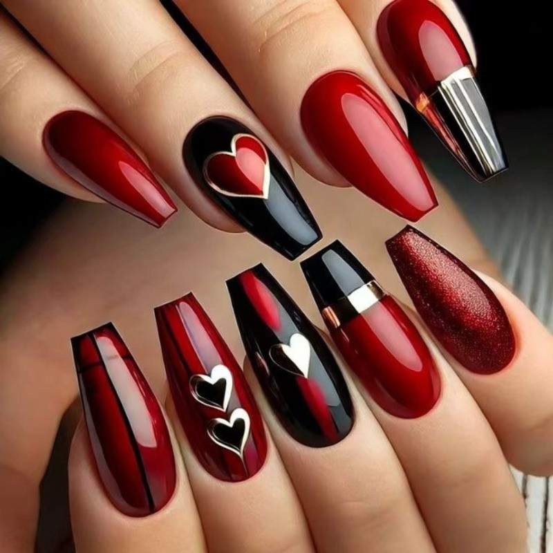 48PCS Red and Black Heart-shaped Metal Border Pressed Nails, Reusable Fake Nails