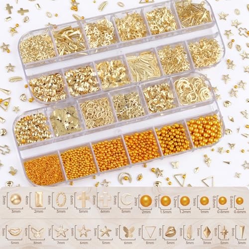 Gold Nail Charms Kit, CDCRX 8 Boxes 3D Nail Art Decorations with Gold Studs,