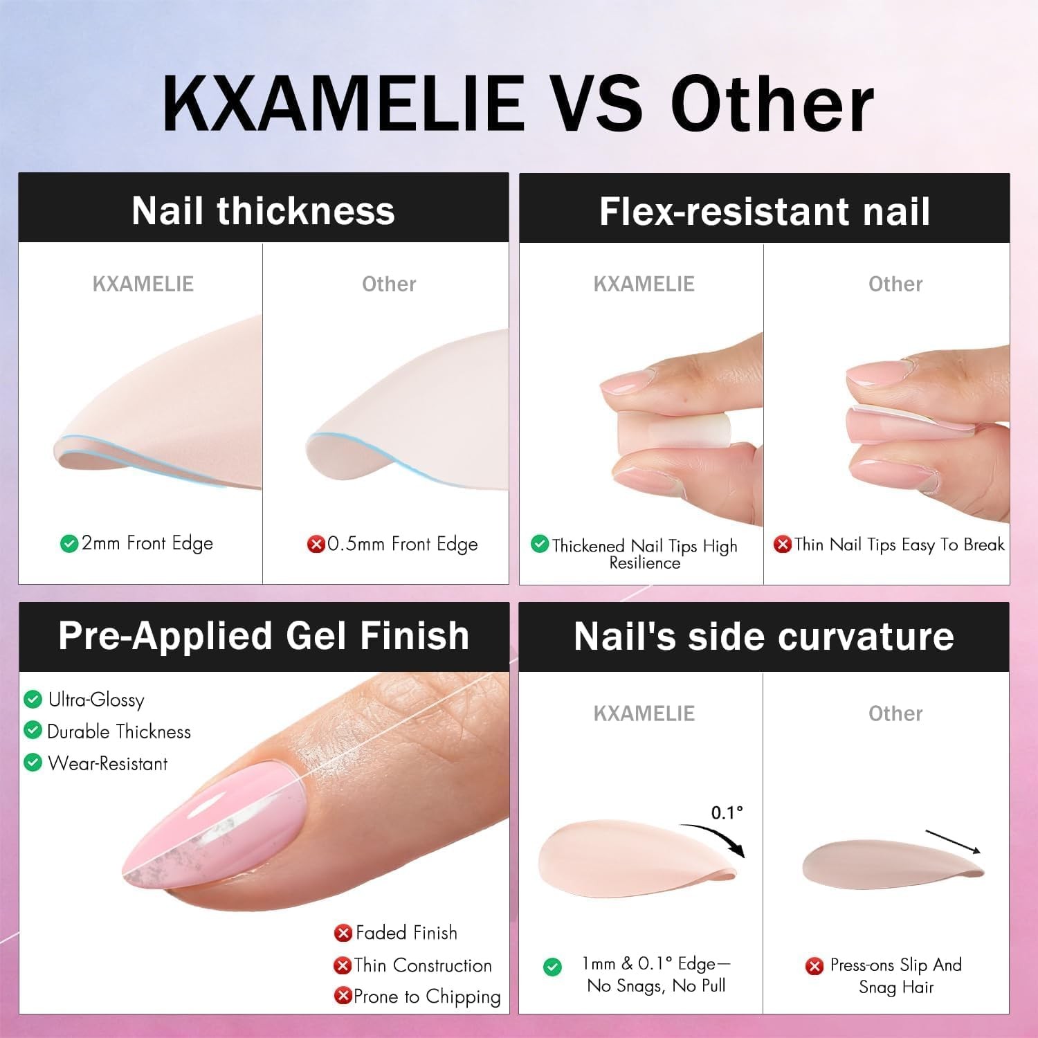 Chrome Ombre Lilac Press on Nails Short Almond, Shiny French Fake Nails with …