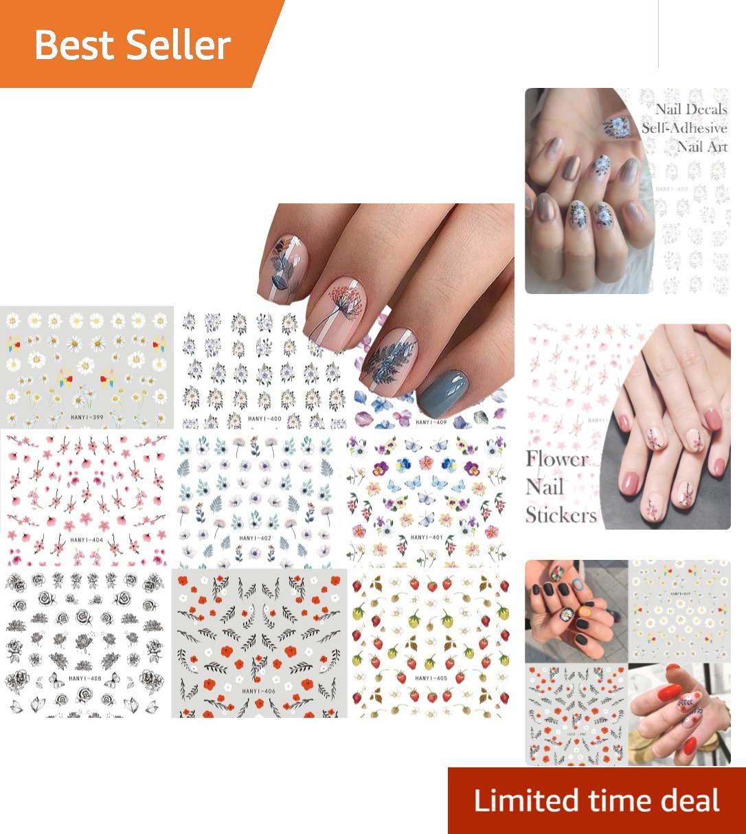 Elegant 9 Sheets of Self-Adhesive Floral Nail Art – Perfect for Summer