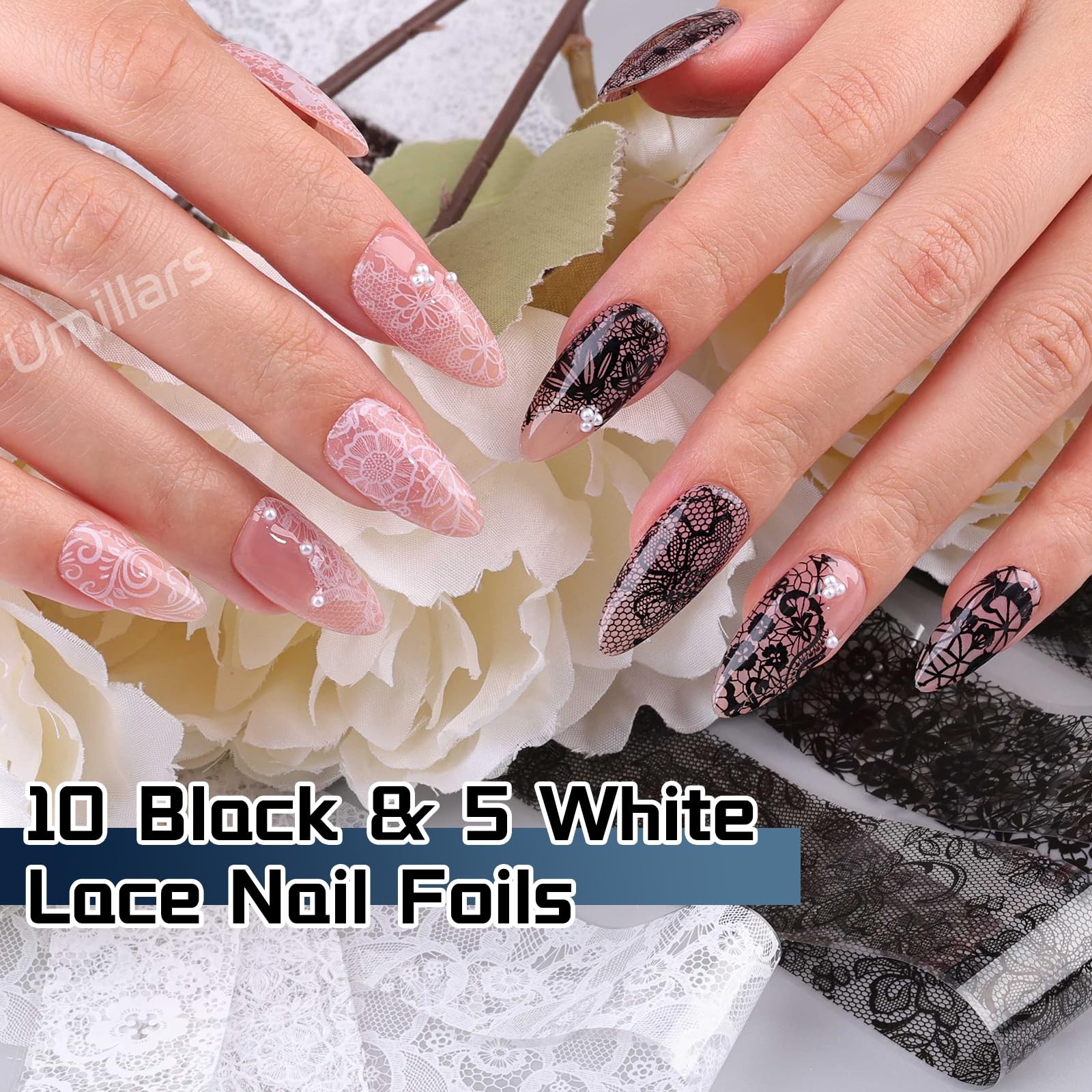15 Rolls Black White Lace Nail Foil Transfer Stickers, Nail Lace Flowers Stic…