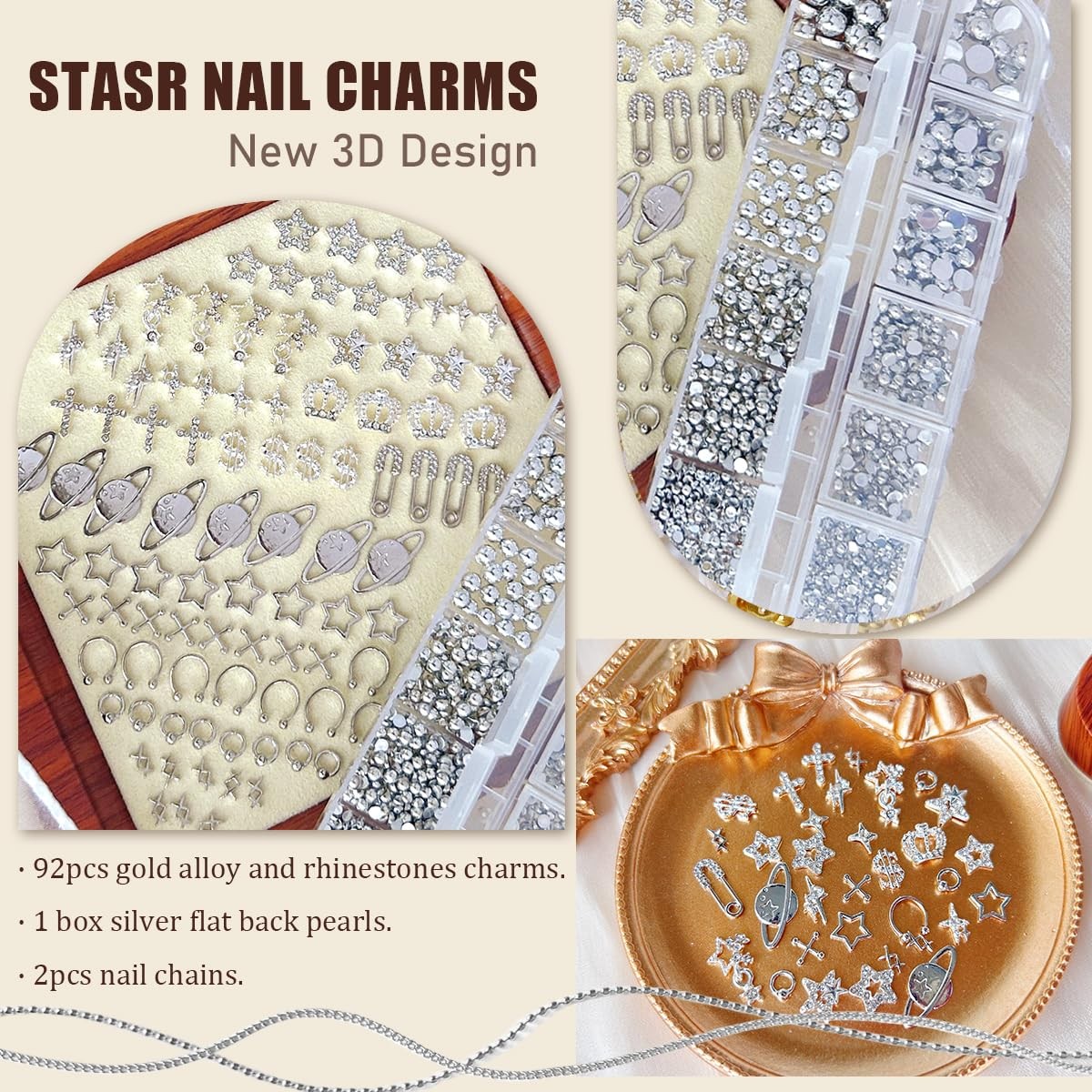 92pcs Star Nail Charms, 1 Box Silver Nail Pearls for Crafting Flat Back, Y2K …