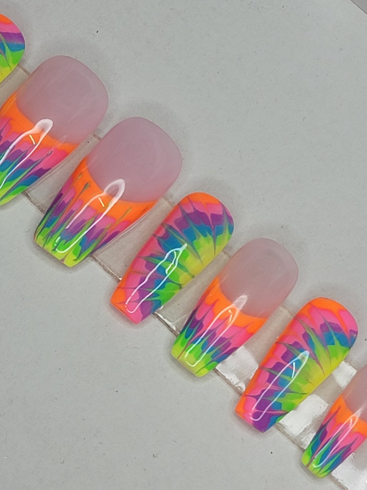 Rainbow neon tie-dye press on nails short coffin French tip pride nails