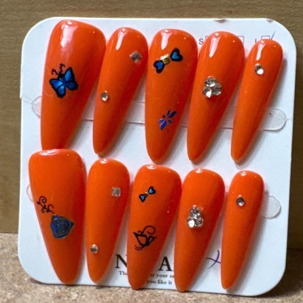 Orange Stiletto Press On Nails Blue Butterfly Rhinestone Glossy Long Fake Nails