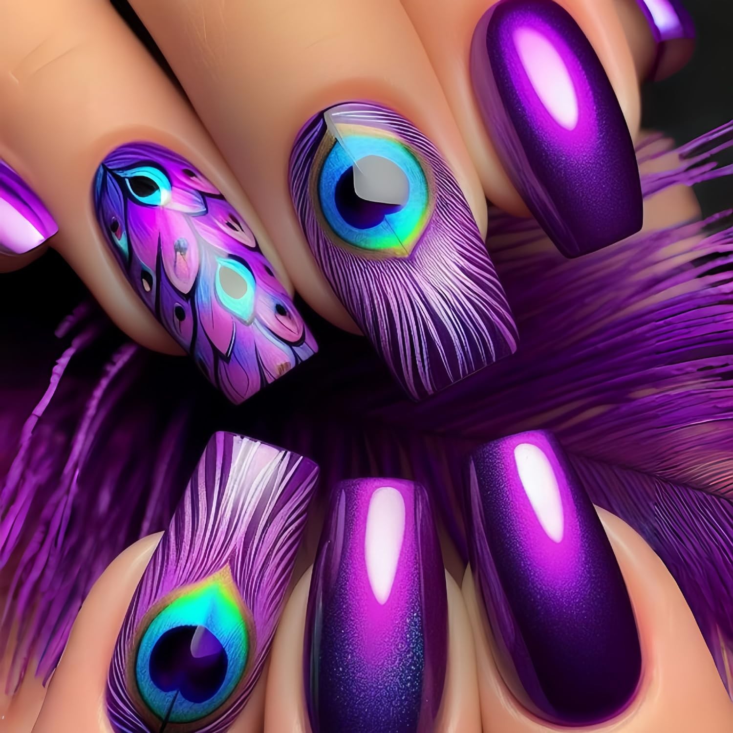 24Pcs Purple Peacock Feather Pattern Design Acrylic Ballet Shaped Glitter Nai…