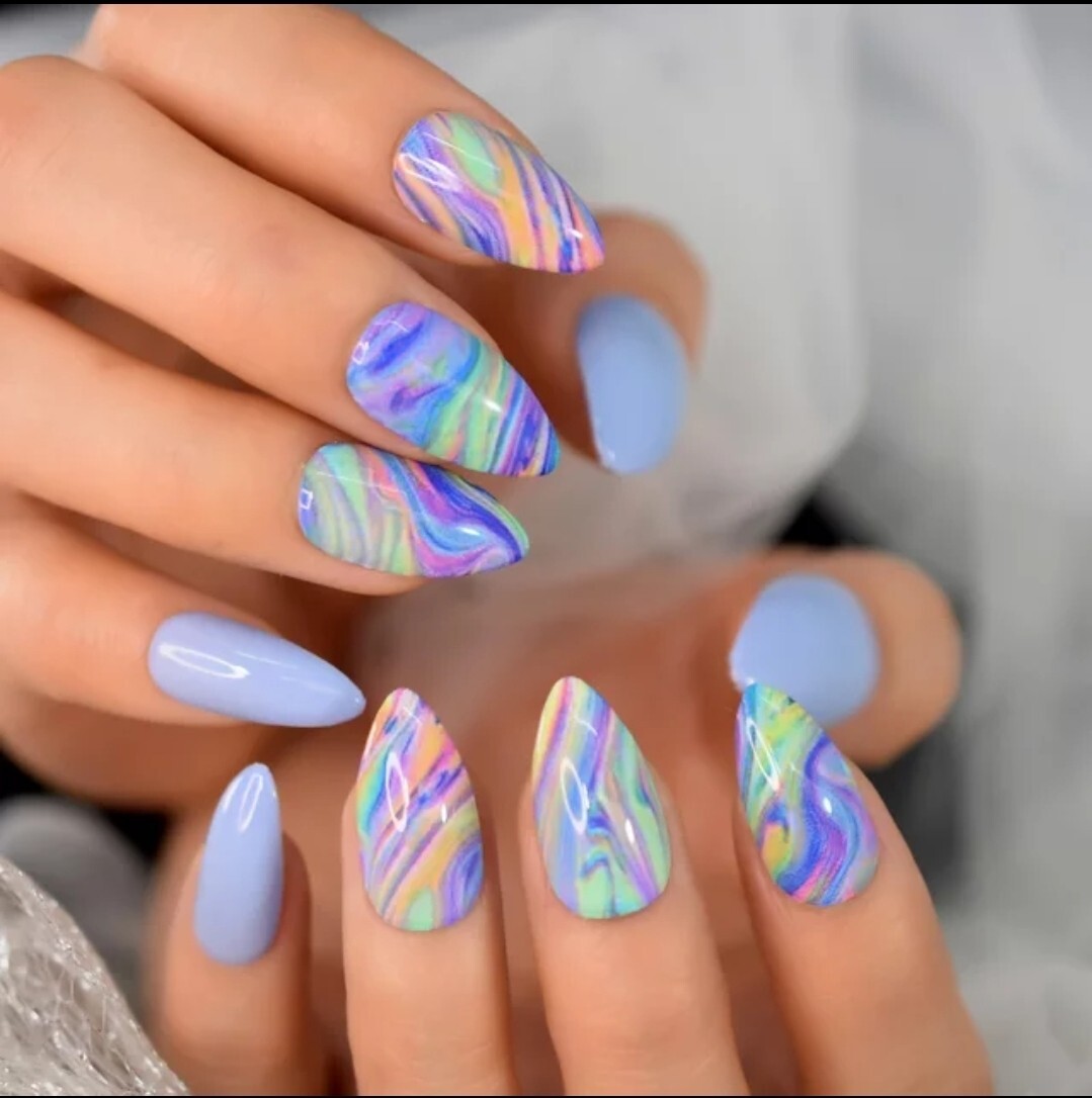 24 Periwinkle Purple Press On Nails Artsy Swirl pointed almond stiletto neon blu