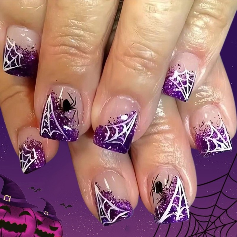 Halloween Glittering Spiderweb White False Nail With Cobweb Design ABS Plastic