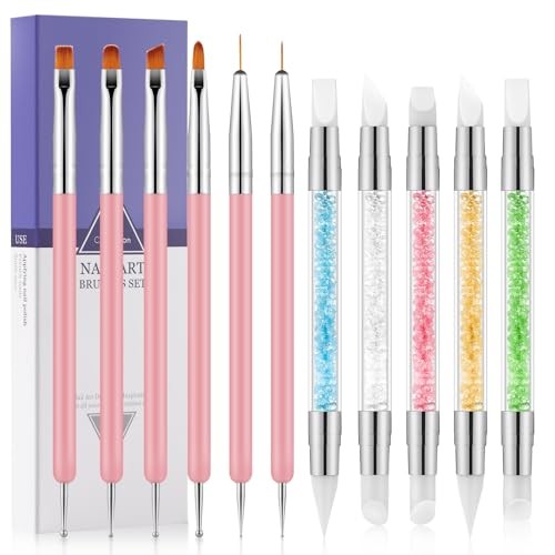 11PCS Nail Art Brushes & Nail Dotting Tools,Double Ended Tipped Silicone Pink