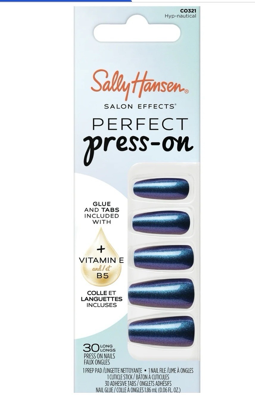 Sally Hansen Long Blue Shiny Coffin Press-On Nails Glue Pre-Designed CO321