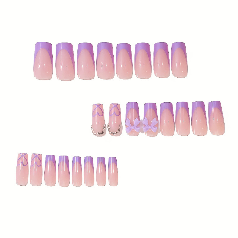 48Pcs-Long Square Lavender Purple French 3D Bow Heart Sweet Girl Press on Nails