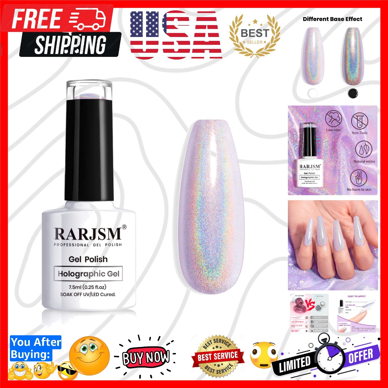 Holographic Nail Polish Gorgeous Glossy Holographic Soak off 1PCS 7.5ML Light…