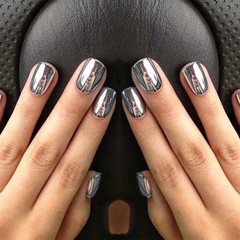 French Tip Press on Nails Square Medium Fake Nails Chrome Mirror Acrylic Nails P