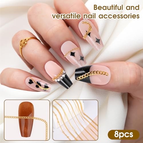 8 Strips Nail Art Chains Metal Chain Nail Charms Gold Nail Jewelry Chains 3D