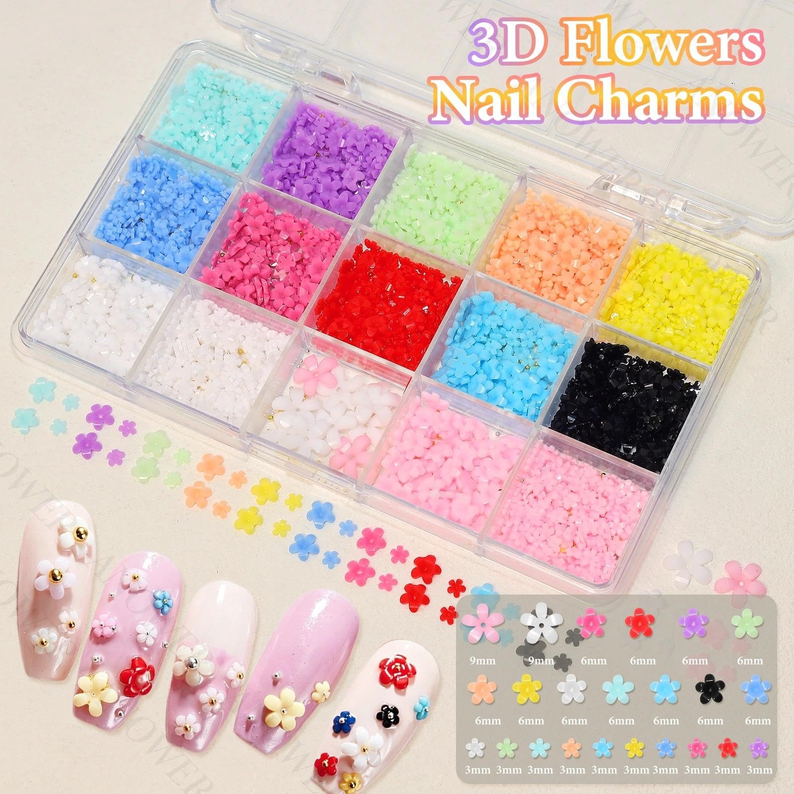 3 Boxes Nail Charms Kit, Colorful Mini Flower 3D Charms for Nails, Flatback P…