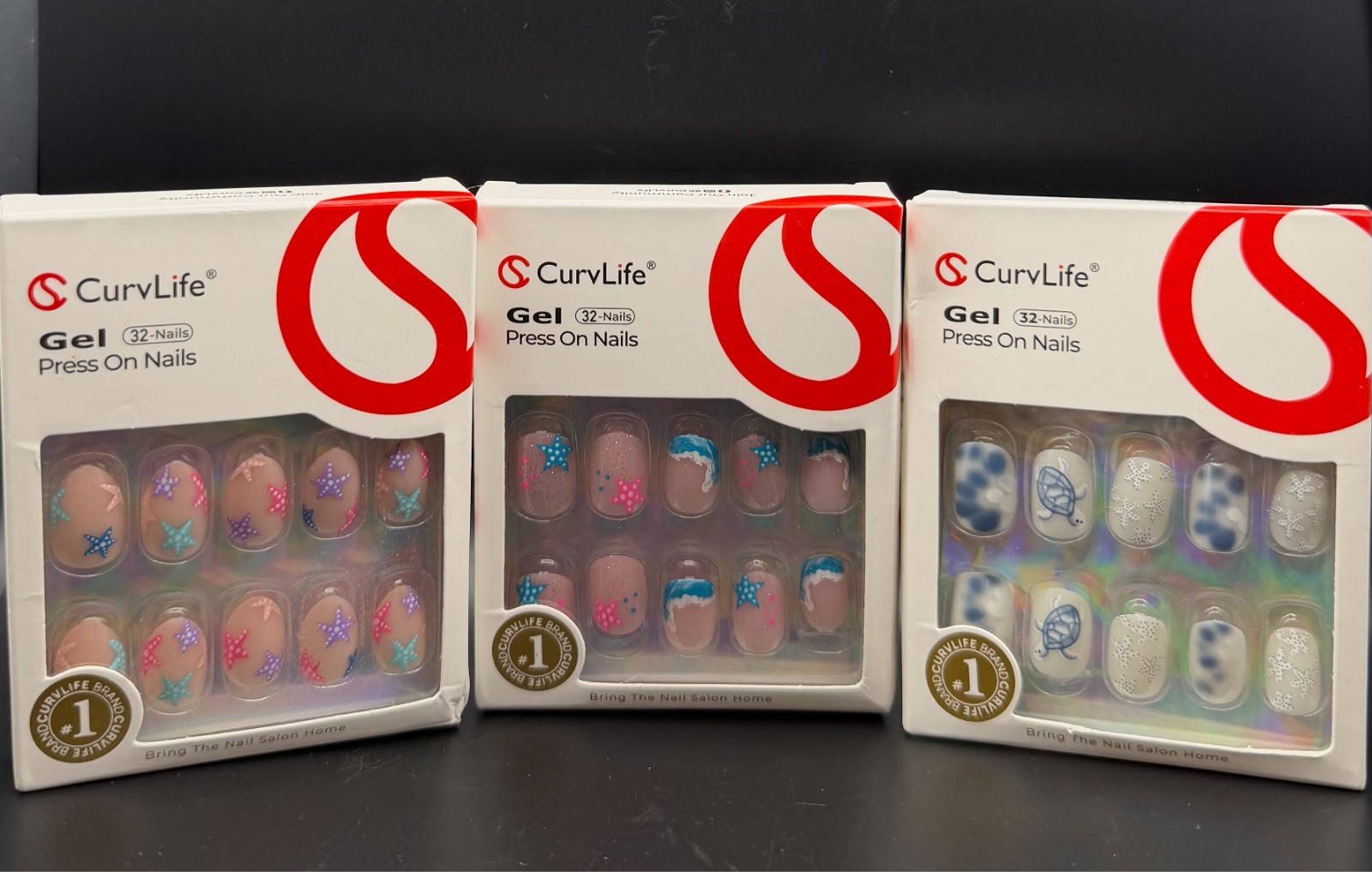 CurvLife Gel Press On Nails Bundle 3 NEW Tidal Blush Turtle Dream Candy Tide