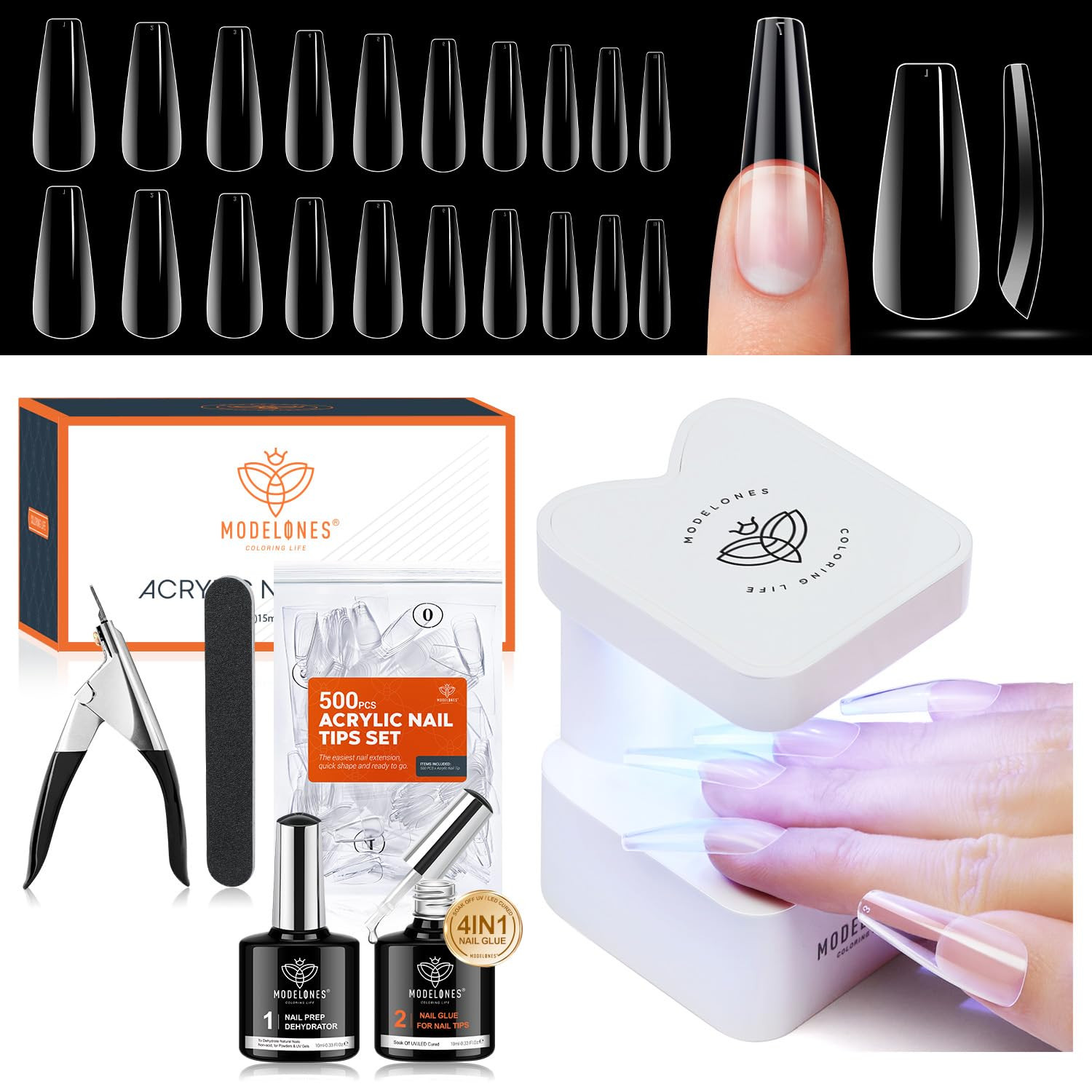 Gel X Nail Kit, Nail Tips Glue Gel Kit Nail Glue Gel, 500Pcs Long Coffin Nail