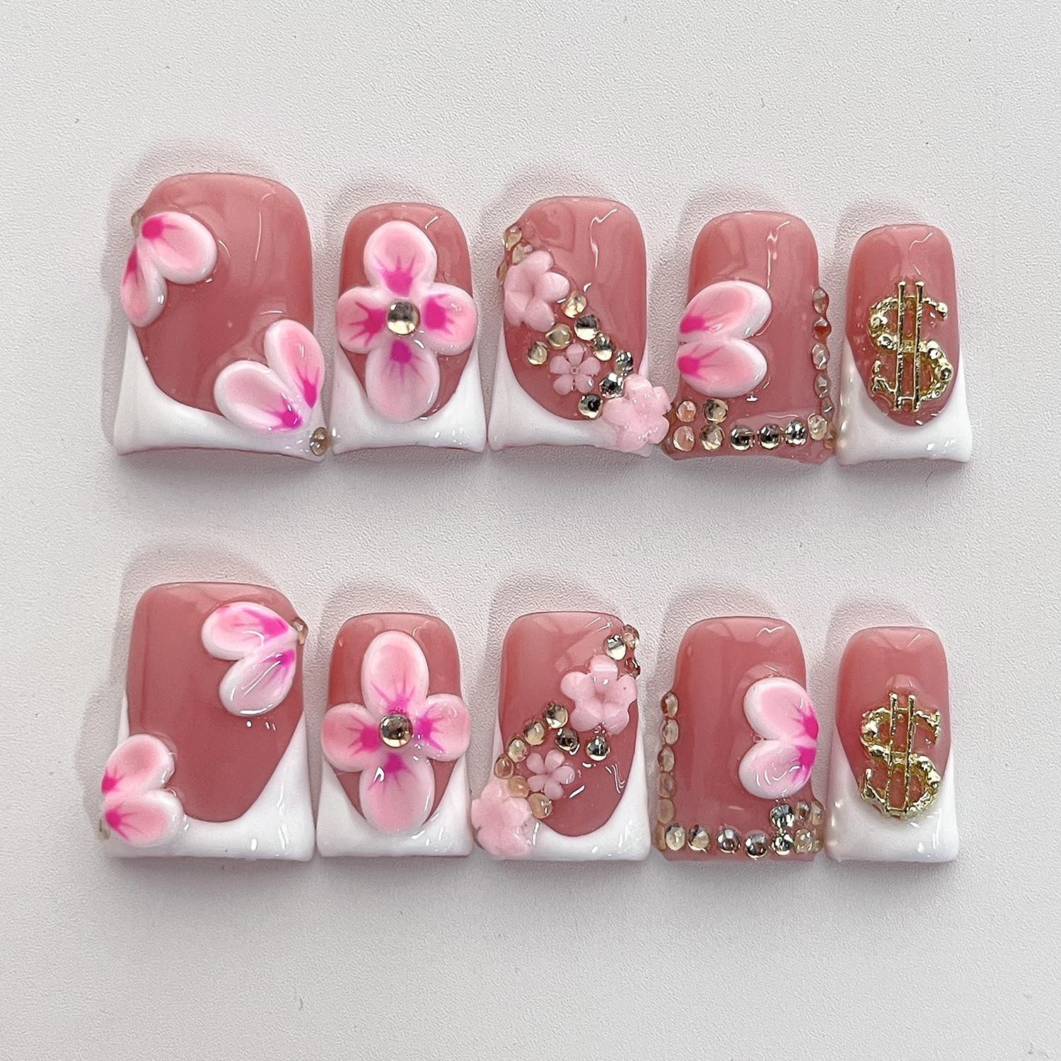 BRKYKGK French Tip Press On Nails Handmade Short Duck 3D Flower Thick Acrylic