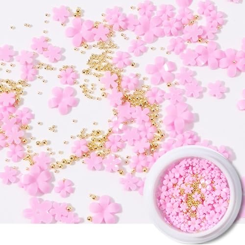 3D Pink Flower Nail Art Charms – Gold Steel Beads & Pink Flower & Gold Beads
