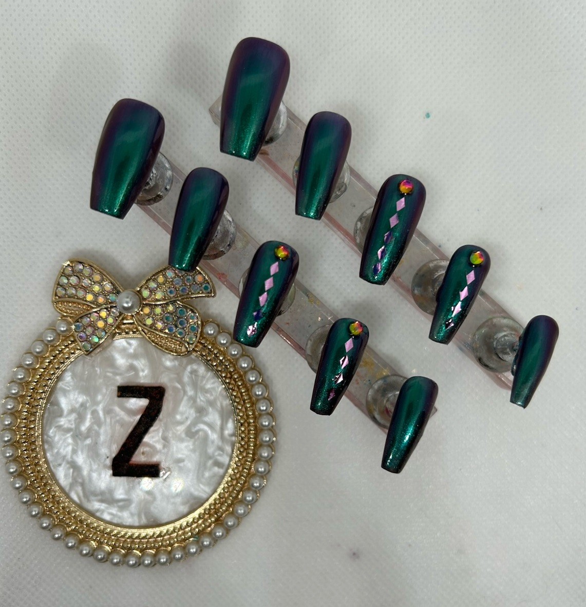 Z NAILZ! Handmade M Coffin Green/Purple Reflective Paint W/accents Press On Nail